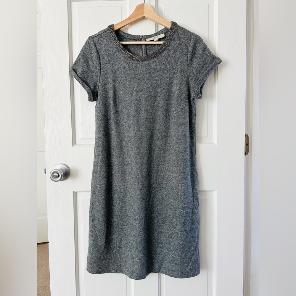 NEW! LOFT Ann Taylor Charcoal Gray Heather Soft Mini Dress Beaded Collar Size M